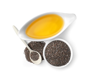 Composition with chia oil and seeds on white background, top view