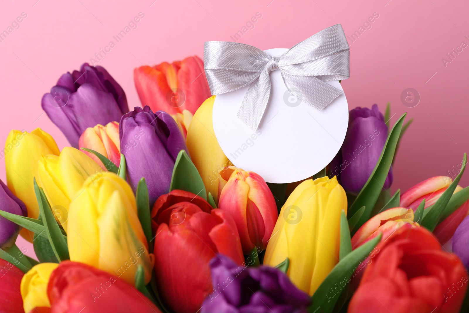 Photo of Bouquet of beautiful colorful tulips with blank card on pink background, closeup. Birthday celebration