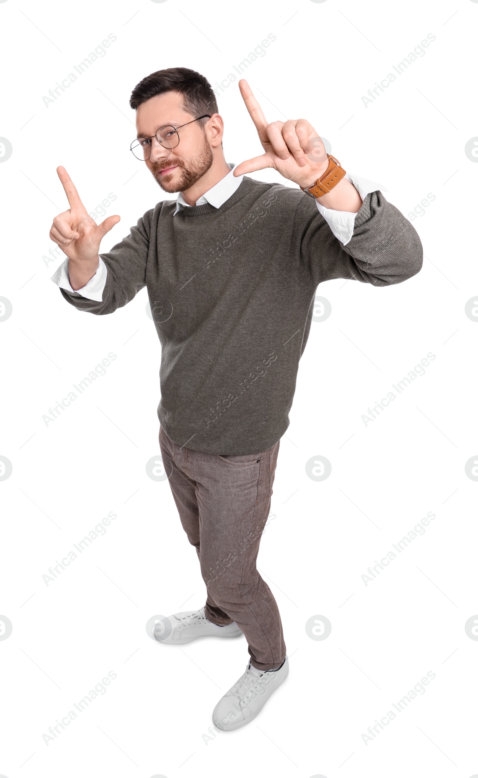 Photo of Handsome bearded businessman in eyeglasses on white background, above view