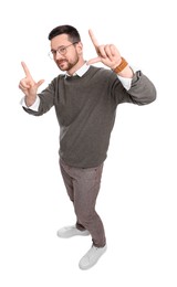 Handsome bearded businessman in eyeglasses on white background, above view