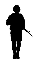 Image of Silhouette of soldier with assault rifle on white background. Military service