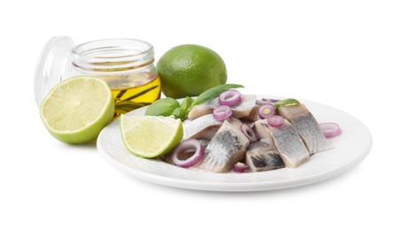 Plate with tasty fish, marinade and lime isolated on white