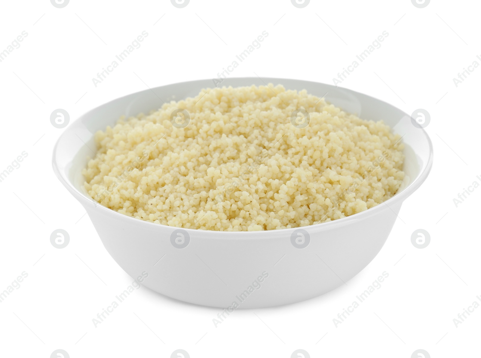 Photo of Bowl of tasty couscous on white background