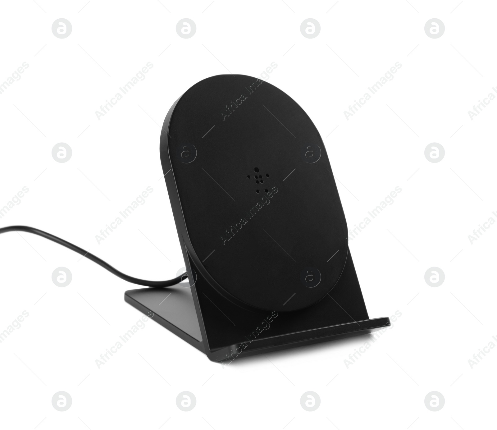 Photo of Black wireless charger isolated on white. Modern technology