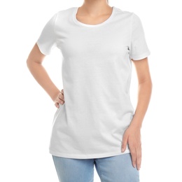 Young woman in t-shirt on white background. Mockup for design