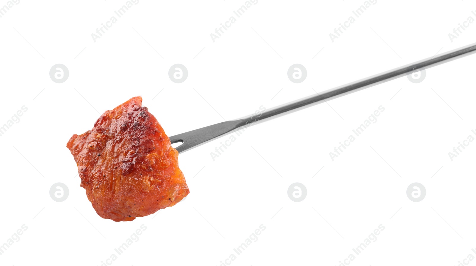 Photo of Fondue fork with piece of fried meat isolated on white