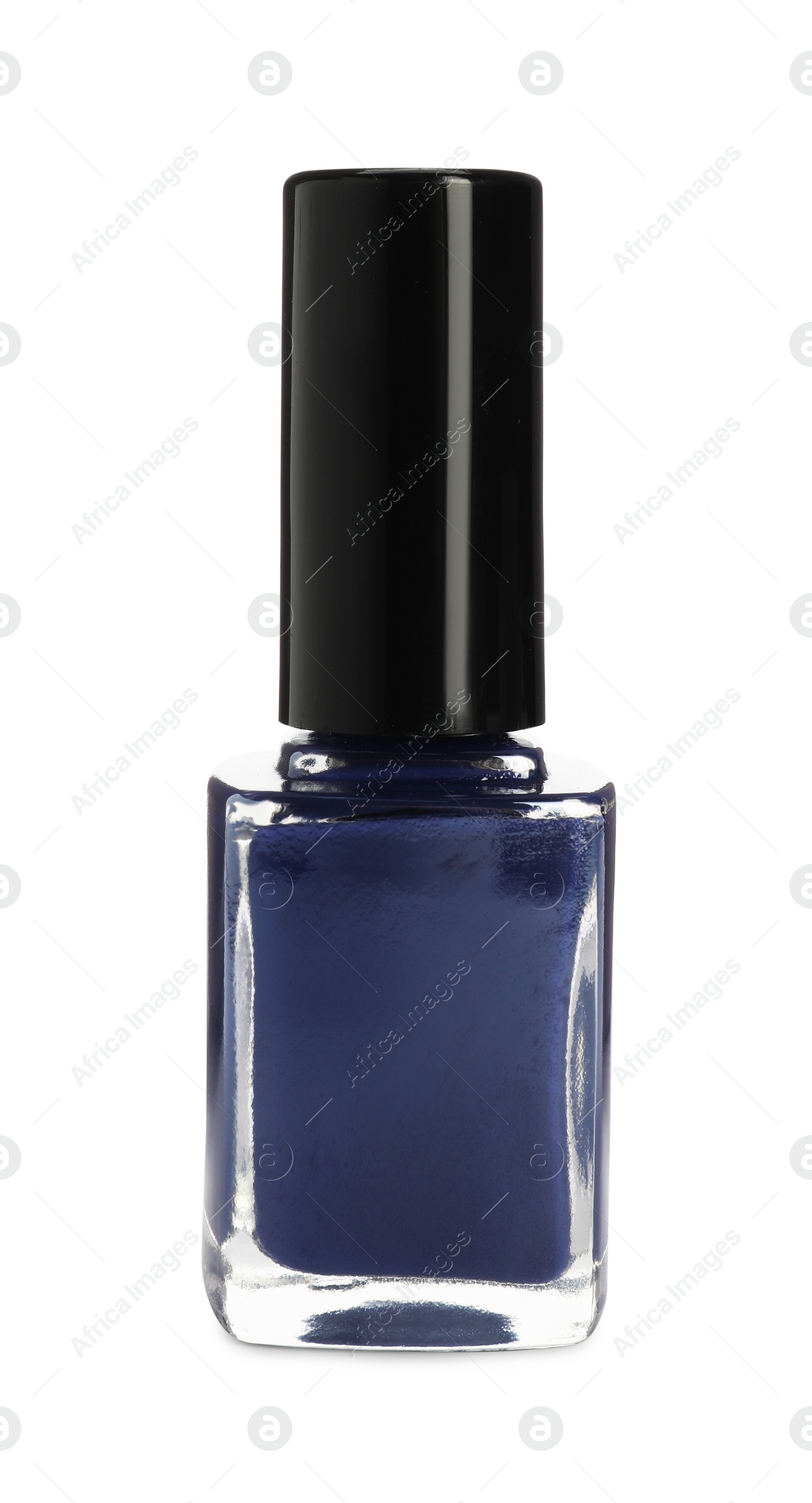 Photo of Blue nail polish in bottle isolated on white