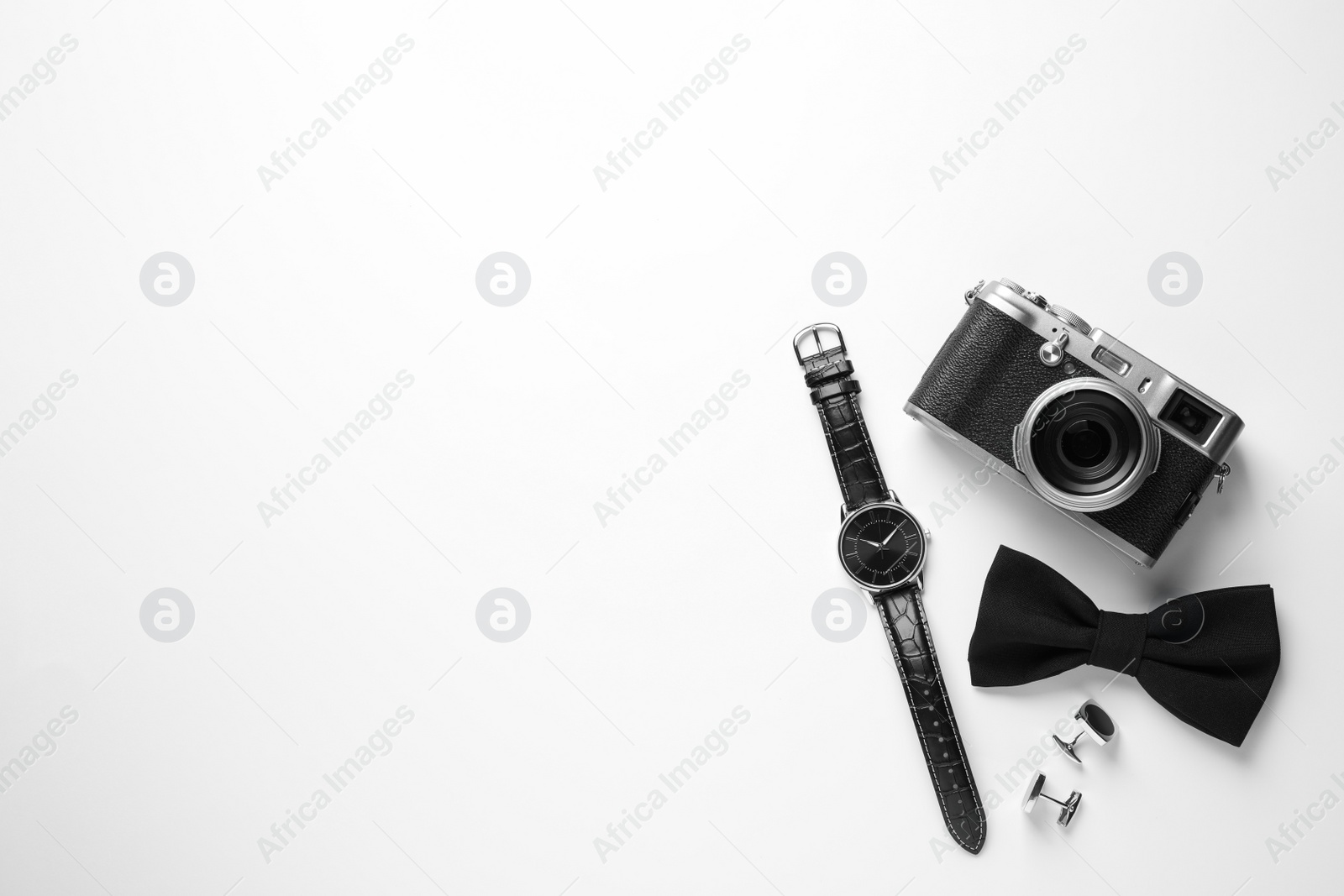 Photo of Composition with luxury wrist watch on white background, top view