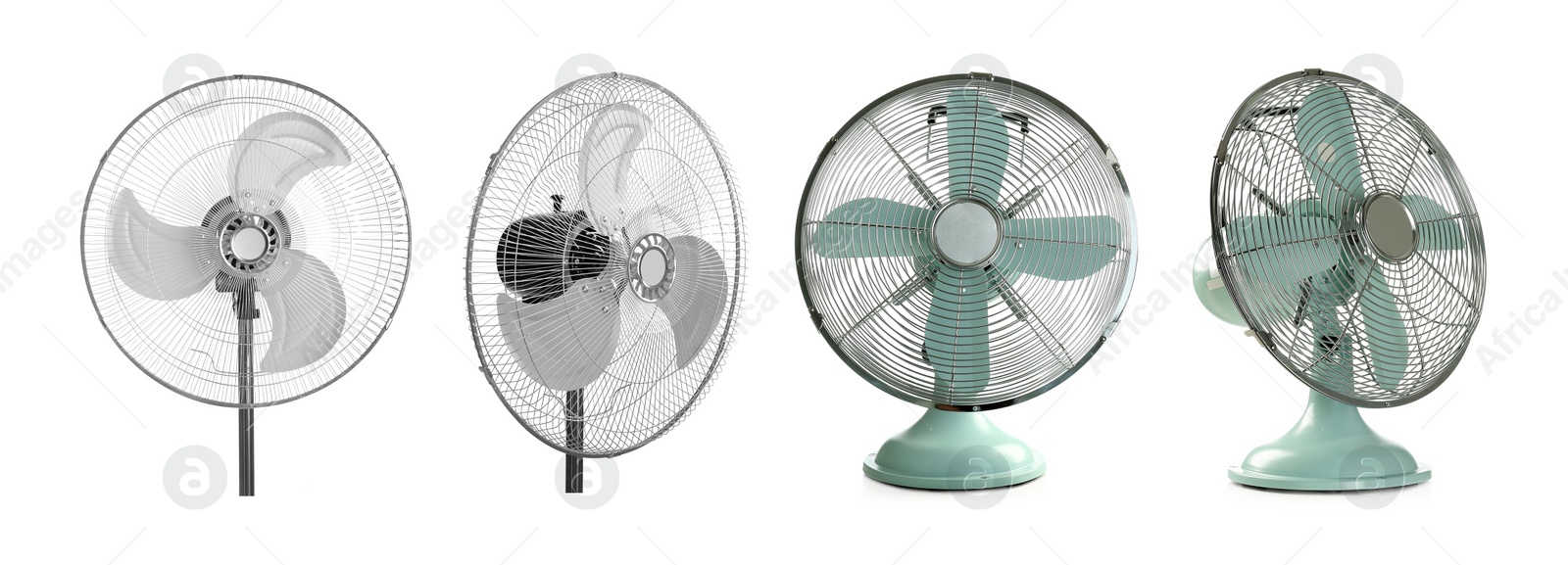 Image of Two fans on white background, collage with views from different sides. Banner design