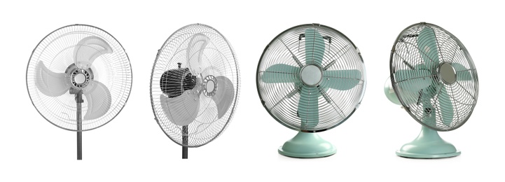 Image of Two fans on white background, collage with views from different sides. Banner design