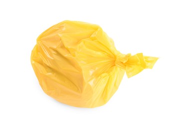 Photo of Yellow plastic garbage bag isolated on white