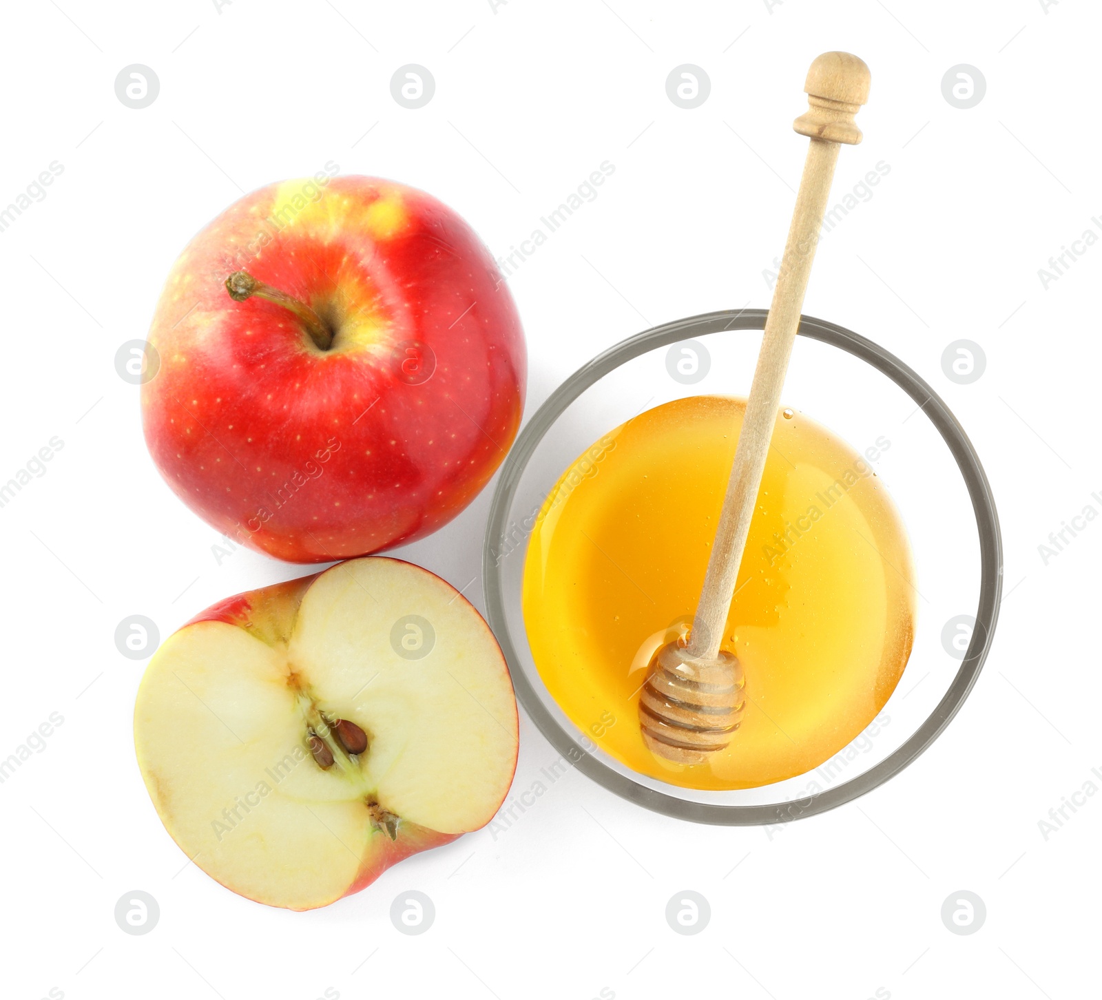 Photo of Delicious apples, bowl of honey and dipper isolated on white, top view