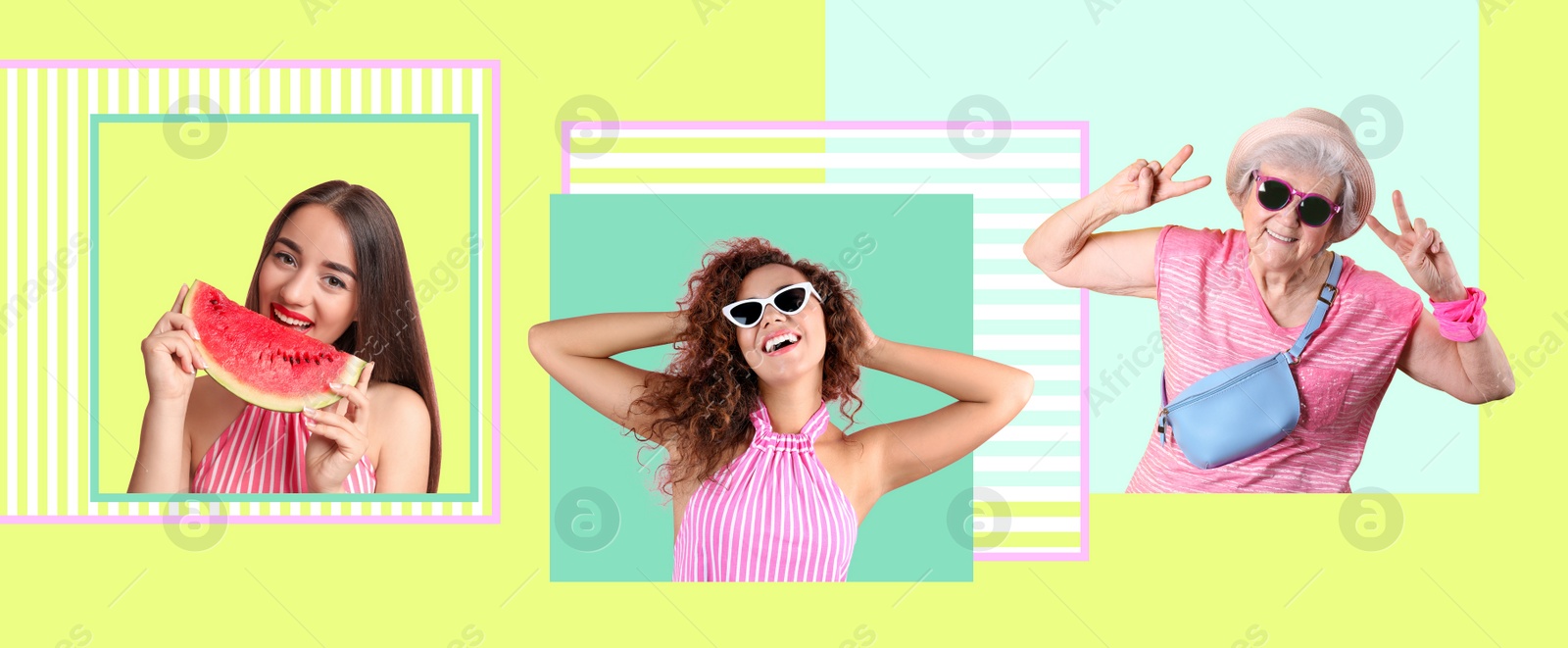 Image of Photo collage with beautiful women and cool grandmother on color background, banner design. Summer days