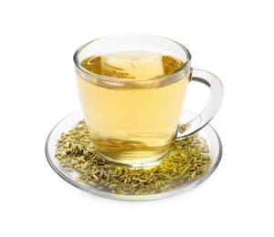 Photo of Aromatic fennel tea in cup and seeds isolated on white