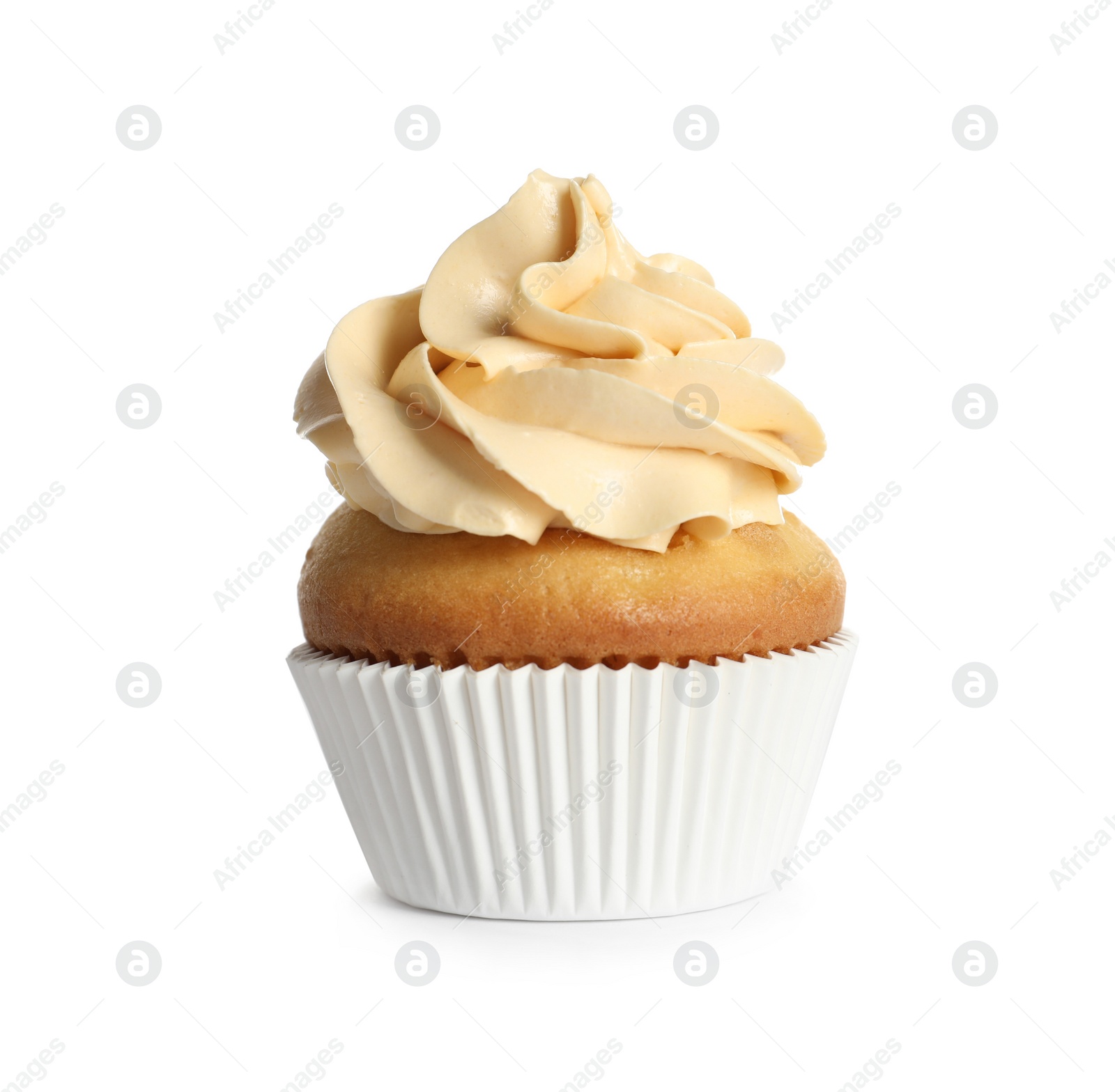 Photo of Delicious birthday cupcake on white background