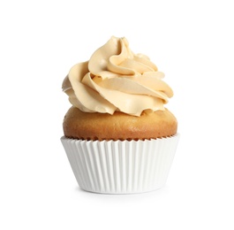 Photo of Delicious birthday cupcake on white background