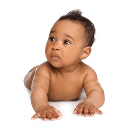 Adorable African-American baby in diaper on white background