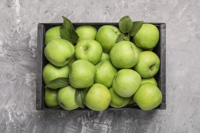 Photo of Wooden crate with fresh green apples on grey textured table, top view