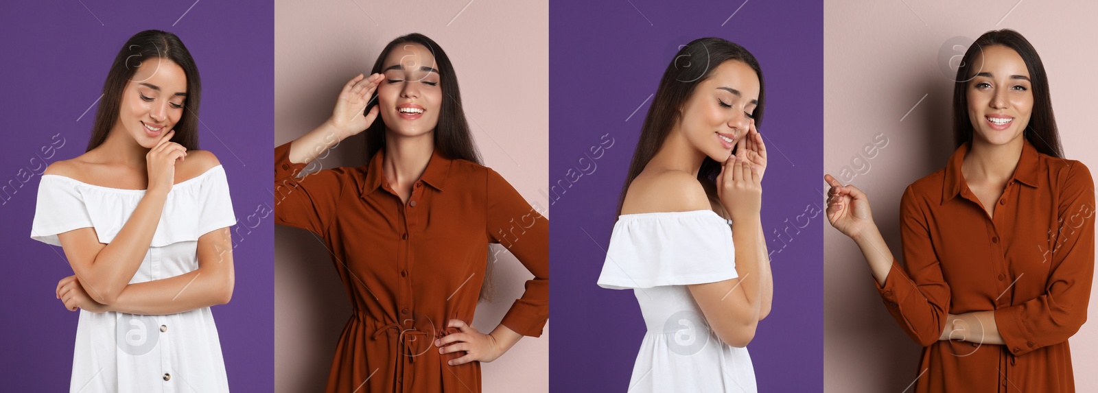 Image of Collage with photos of young woman wearing different dresses on bright backgrounds