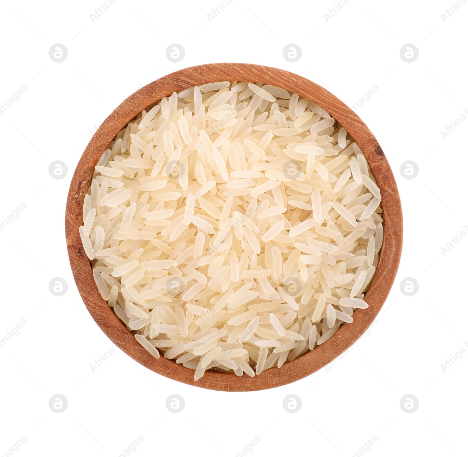 Photo of Raw rice in bowl isolated on white, top view