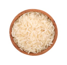 Raw rice in bowl isolated on white, top view