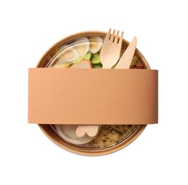 Photo of Tasty food in container with wooden fork and knife isolated on white, top view