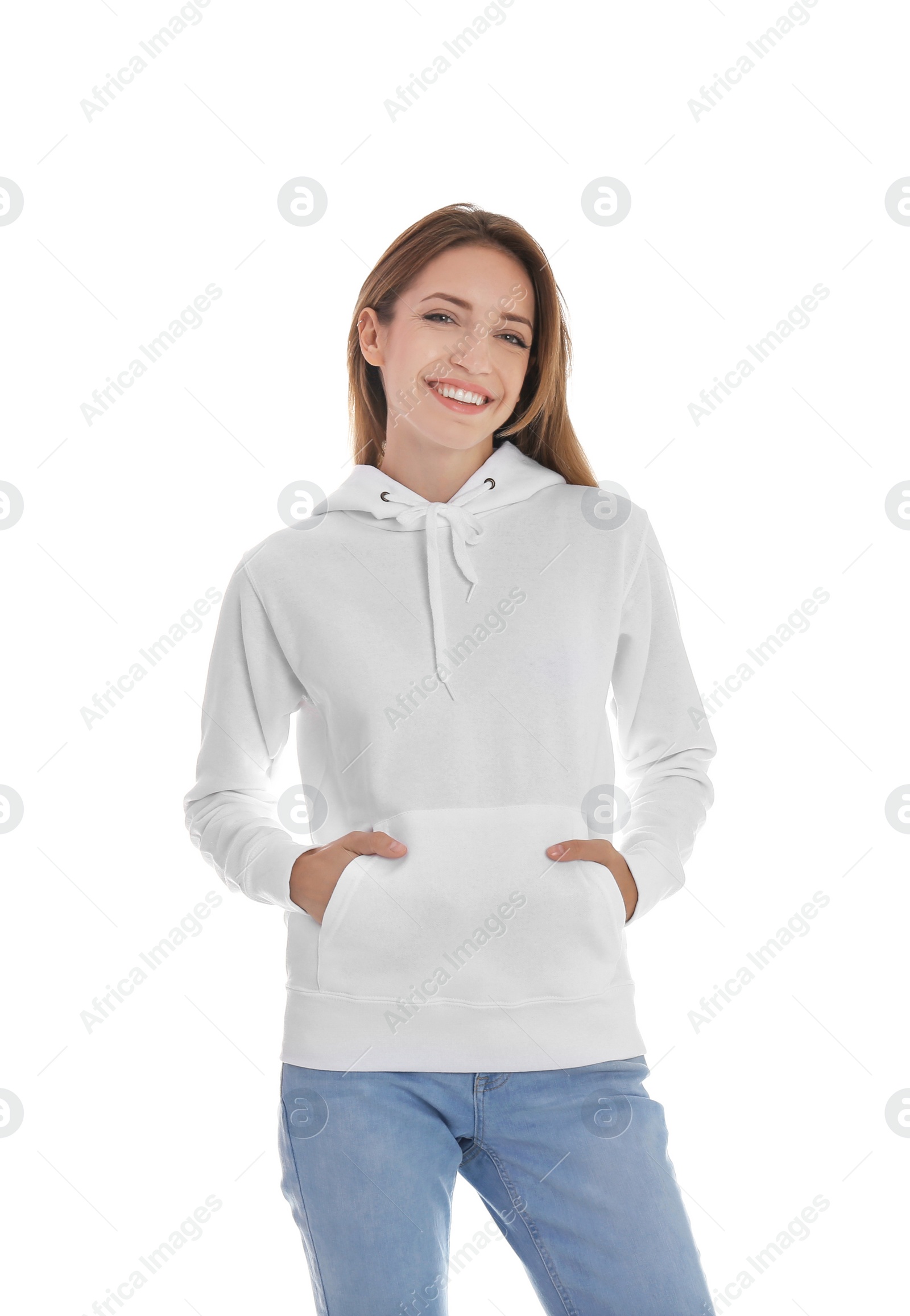 Photo of Portrait of woman in hoodie sweater on white background. Space for design