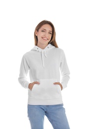 Portrait of woman in hoodie sweater on white background. Space for design