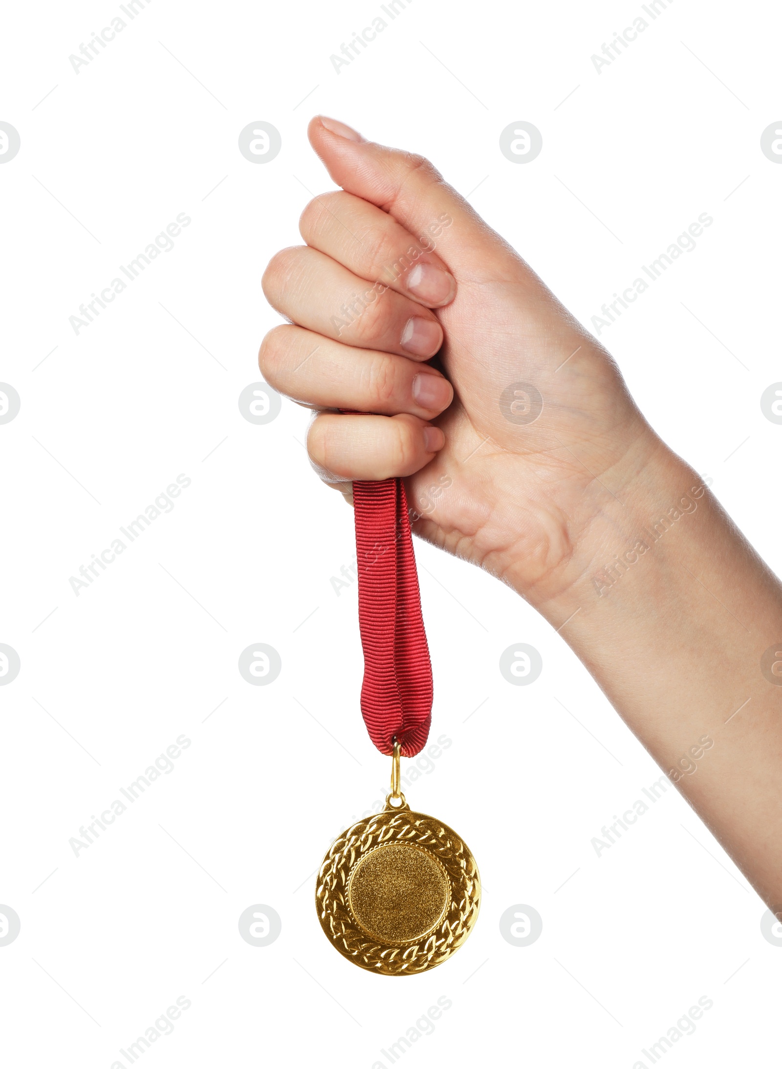 Photo of Woman holding gold medal with space for design on white background, closeup. Victory concept