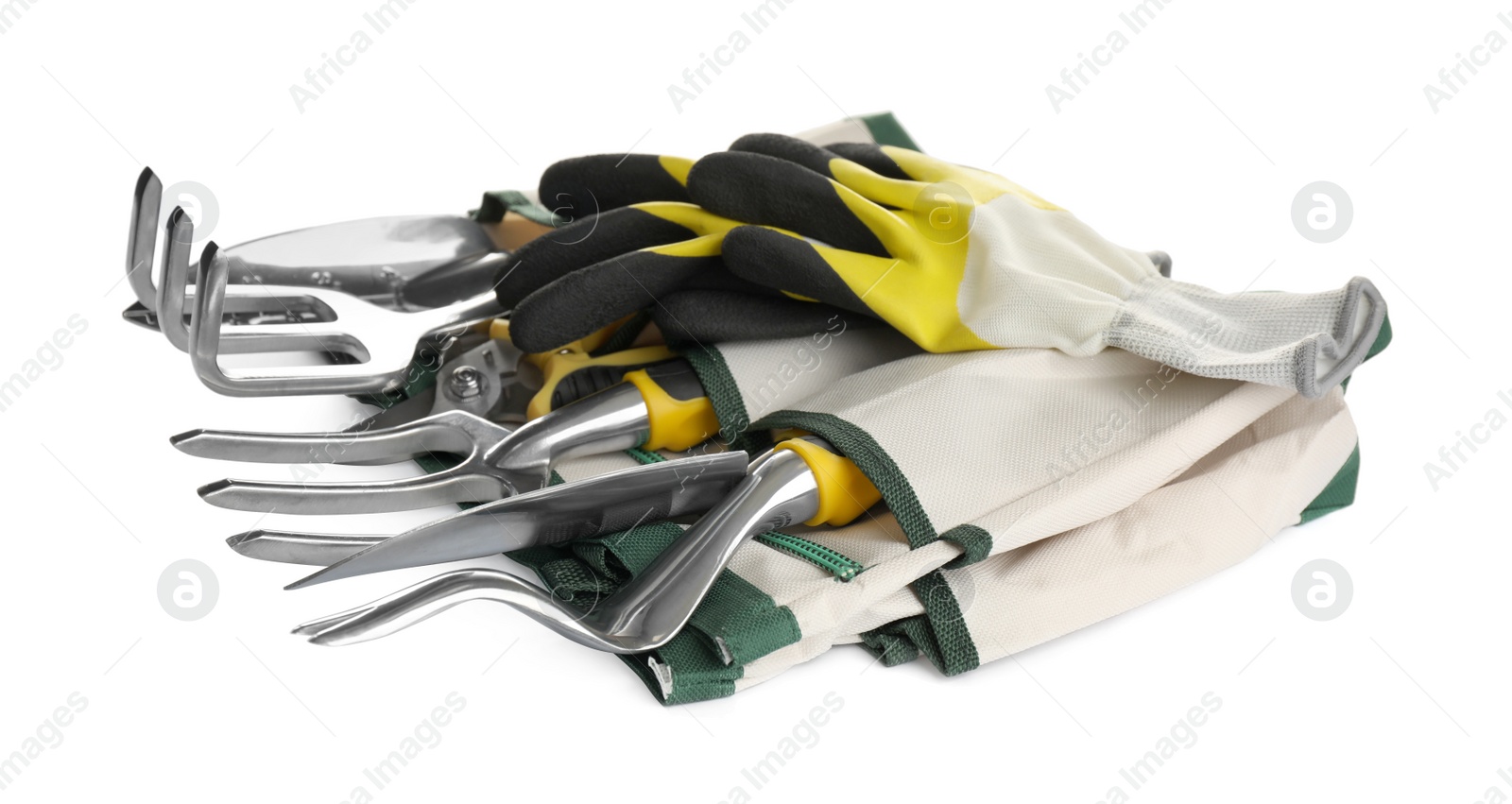 Photo of Different modern gardening tools on white background