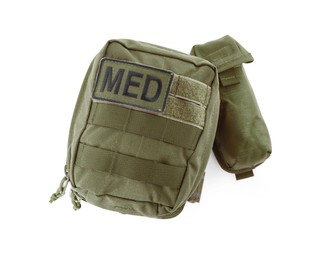 Photo of Military first aid kit on white background, top view
