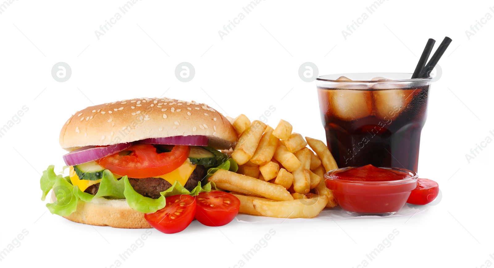 Photo of Delicious burger, soda drink and french fries on white background