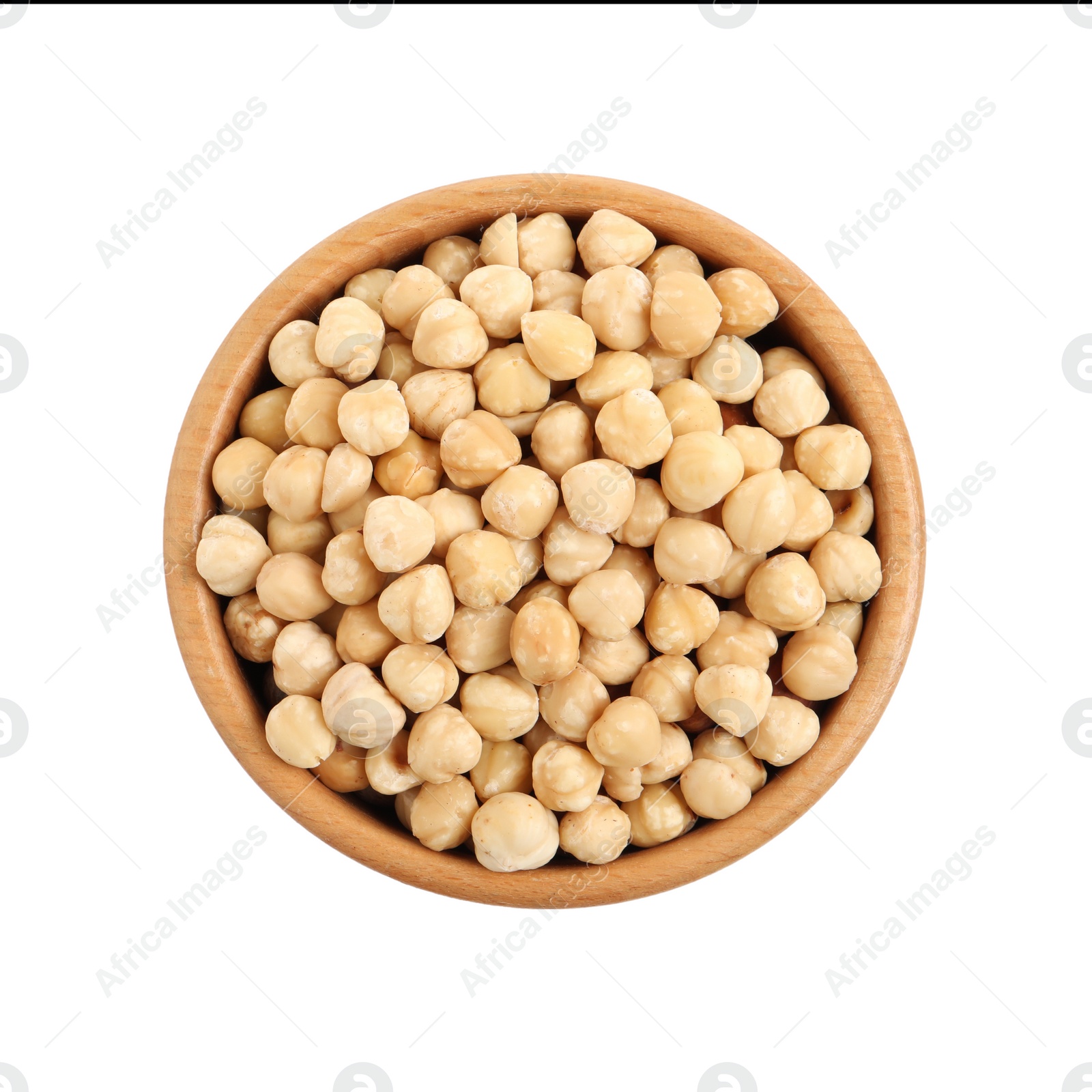 Photo of Bowl with tasty organic hazelnuts on white background, top view