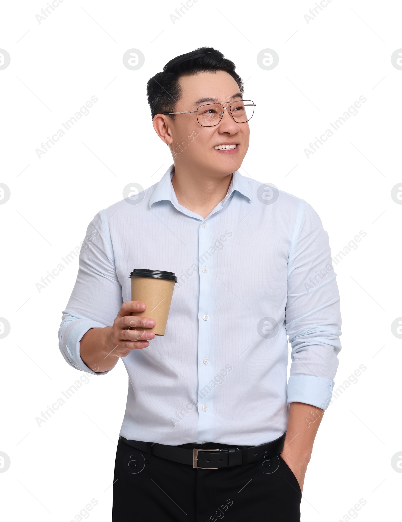 Photo of Businessman in formal clothes with cup of drink on white background