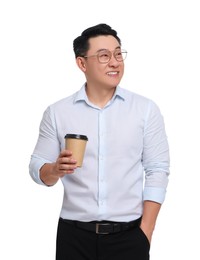 Businessman in formal clothes with cup of drink on white background