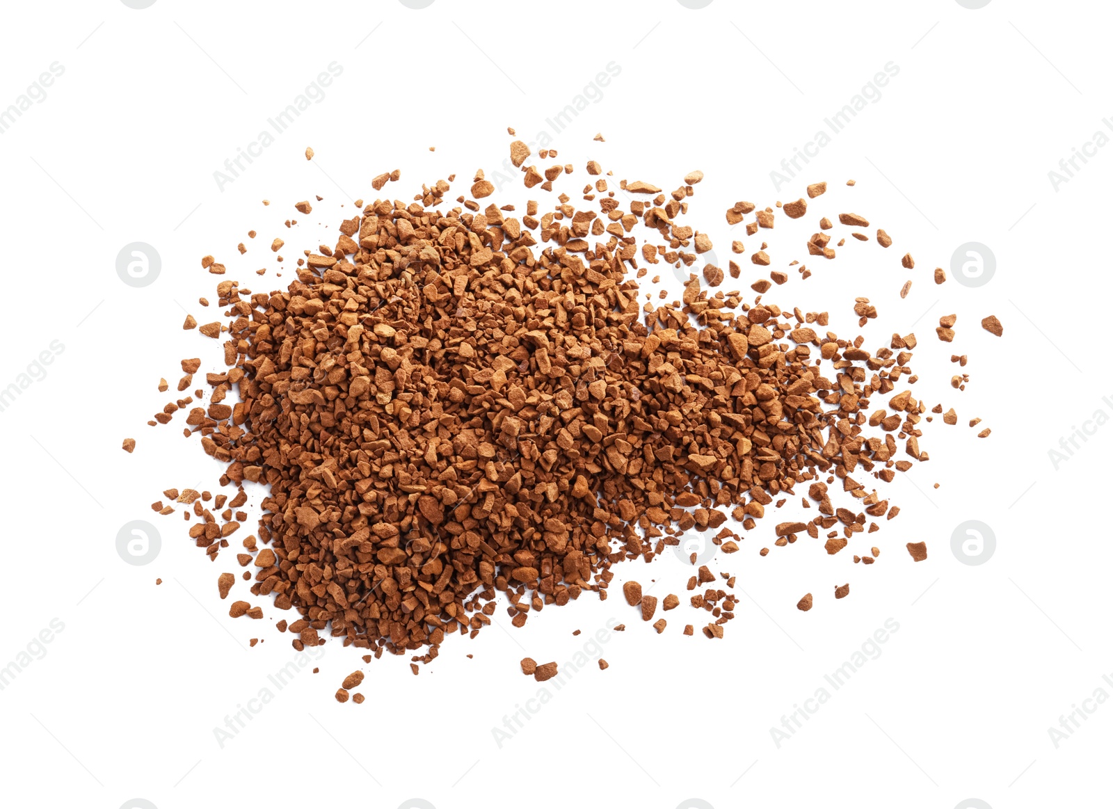 Photo of Heap of aromatic instant coffee isolated on white, top view