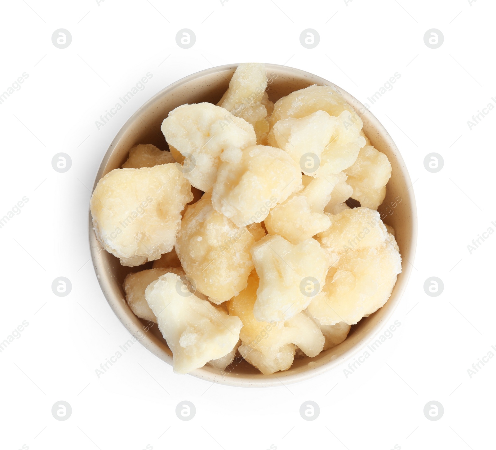 Photo of Frozen cauliflower florets in bowl isolated on white, top view. Vegetable preservation