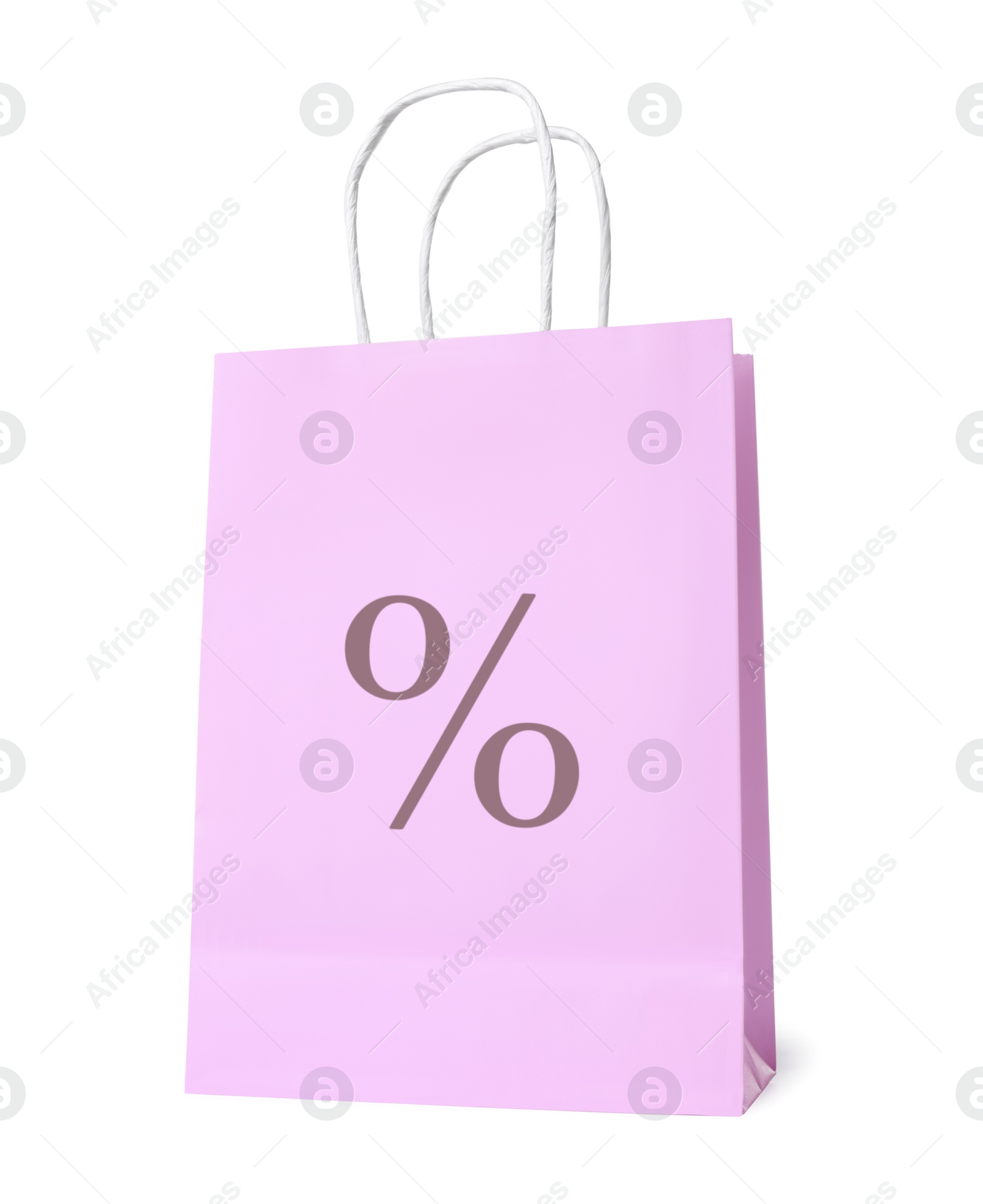 Image of Pink paper bag with percent sign isolated on white