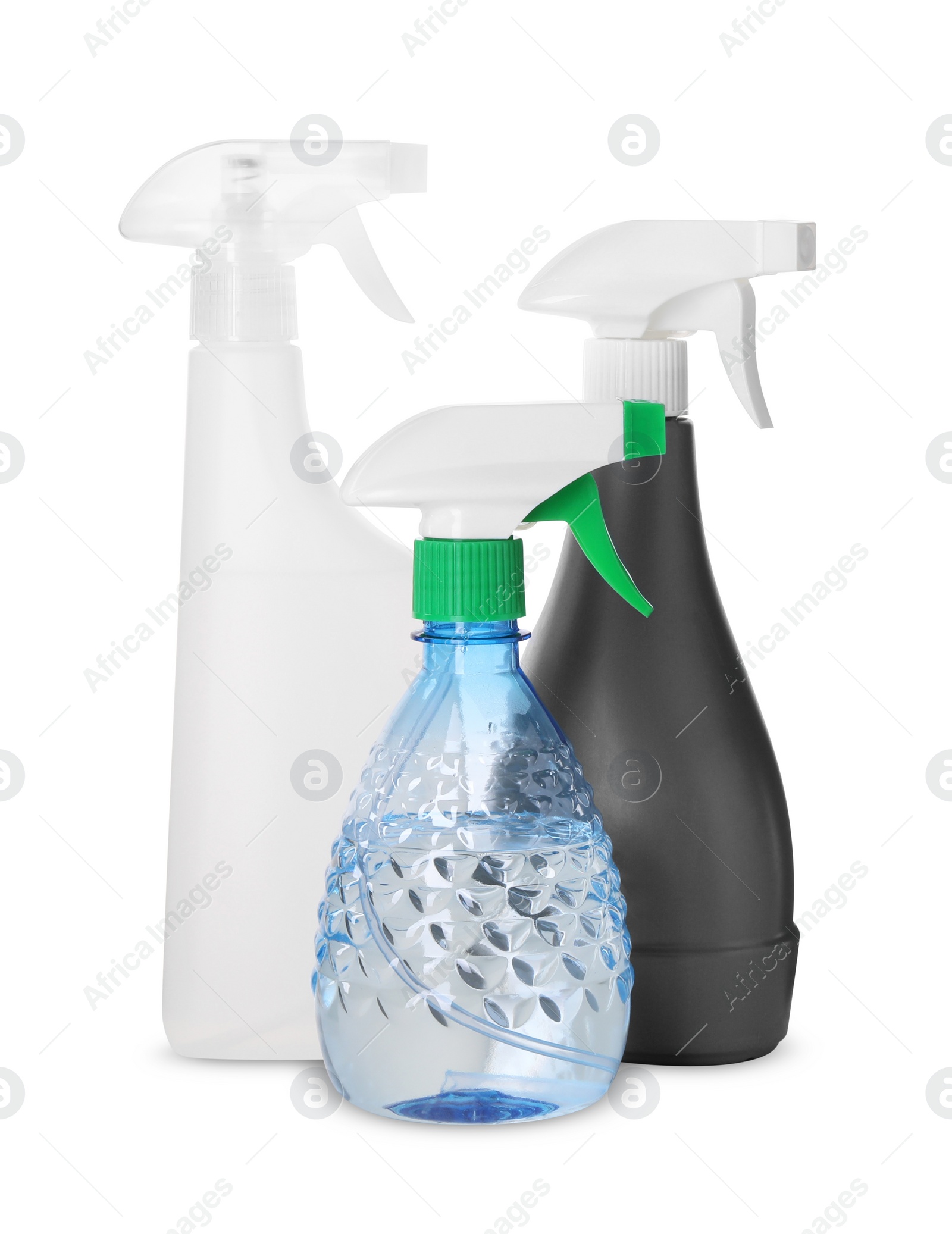 Photo of Plastic spray bottles with liquids isolated on white