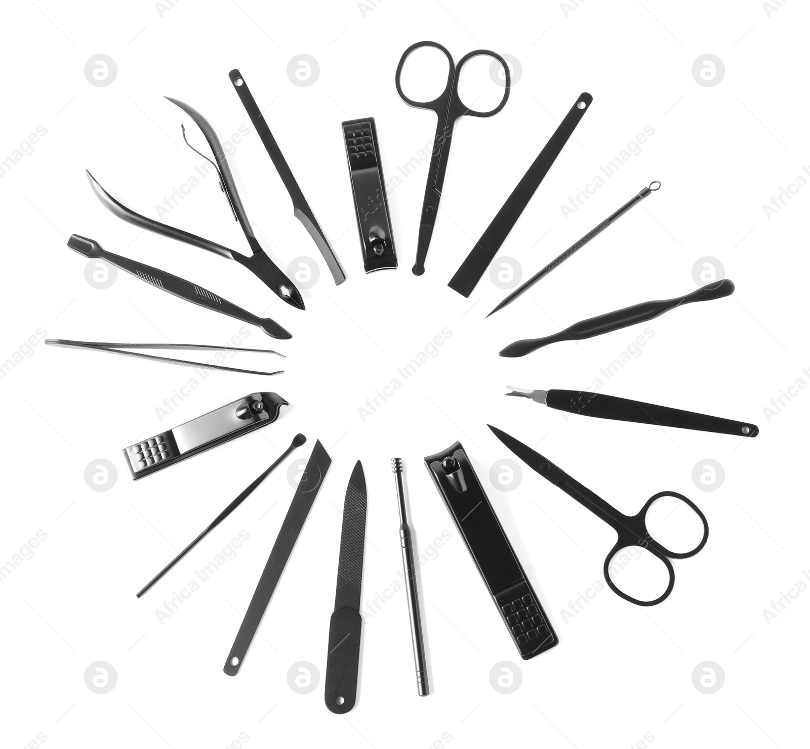 Photo of Manicure set on white background, top view