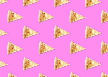 Image of Slices of delicious cheese pizzas on pink background, flat lay. Seamless pattern design