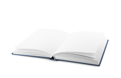 Photo of Open hardcover book with blank pages on white background