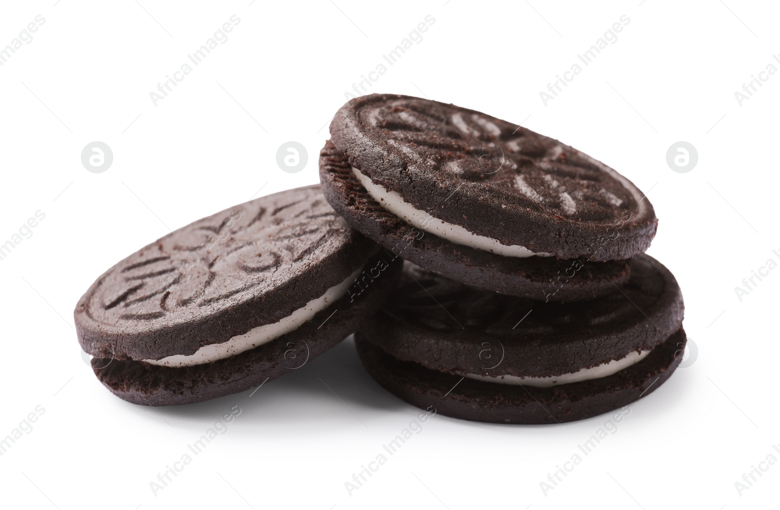 Photo of Three tasty sandwich cookies isolated on white