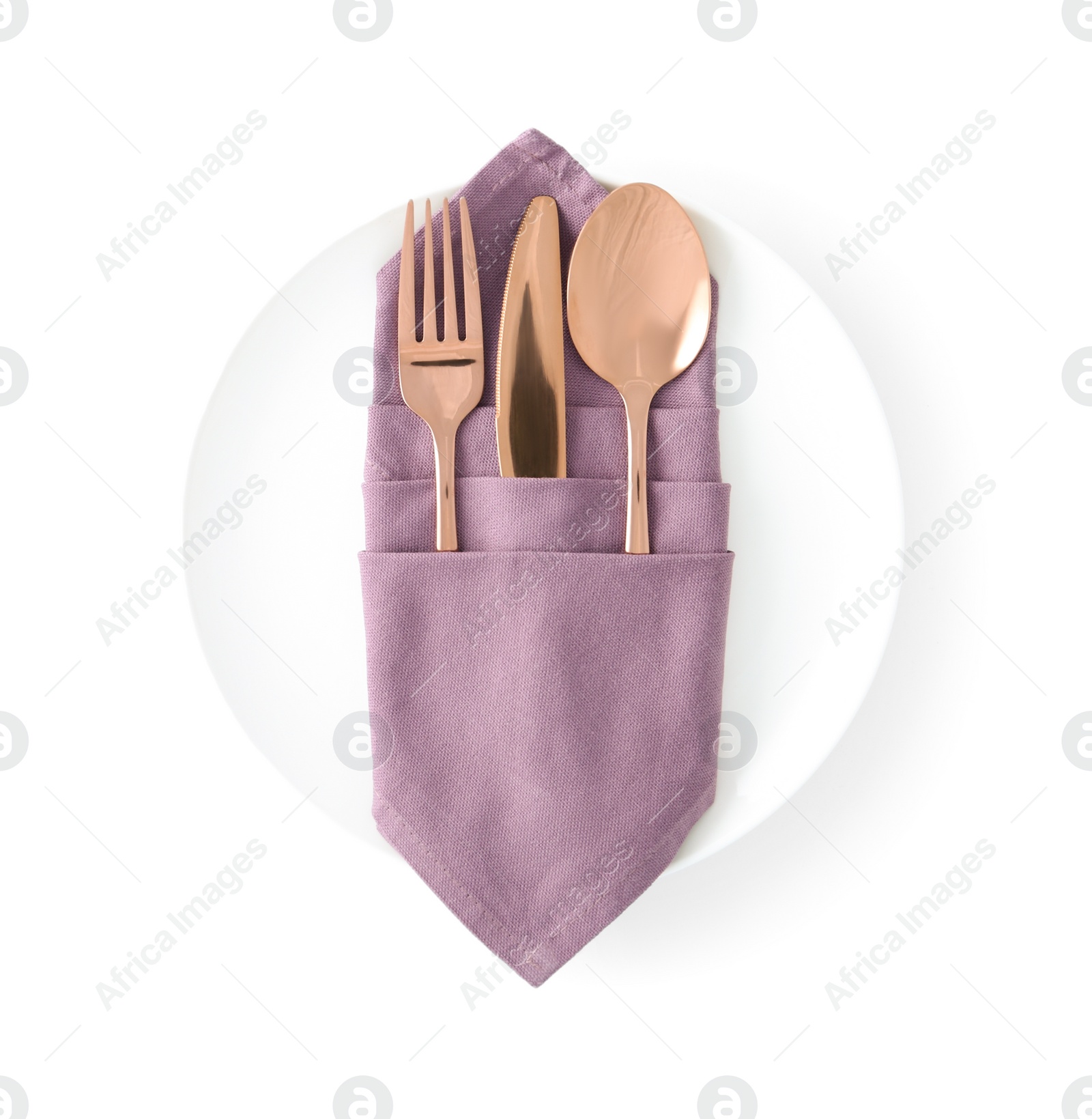 Photo of Stylish elegant cutlery with napkin in plate isolated on white, top view