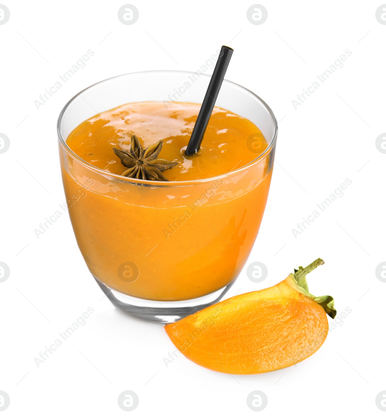 Photo of Tasty persimmon smoothie with anise and fresh fruit isolated on white