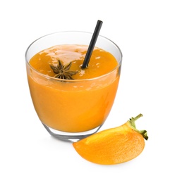 Tasty persimmon smoothie with anise and fresh fruit isolated on white