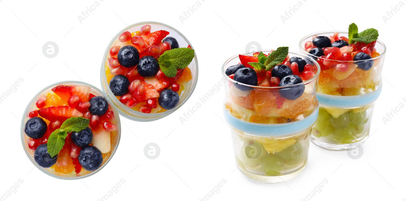 Image of Delicious fruit salad in glasses isolated on white, top and side views