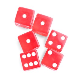 Photo of Many red game dices isolated on white, top view