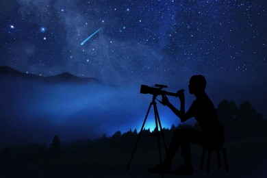 Image of Silhouette of astronomer with telescope at starry night outdoors. Space for text