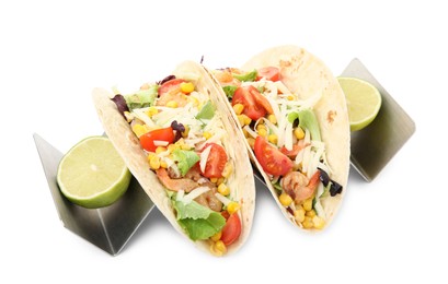 Photo of Delicious tacos with shrimps, cheese and lime on white background